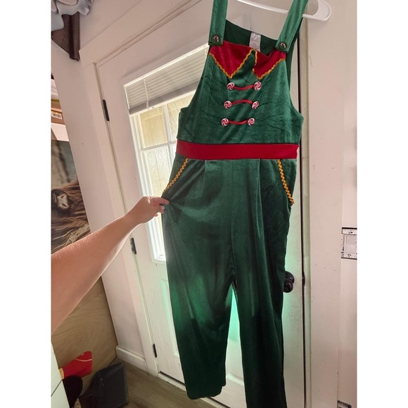 No Boundaries Christmas Elf Overalls Jumpsuit Costume Green Velvet L/G - Picture 3 of 3